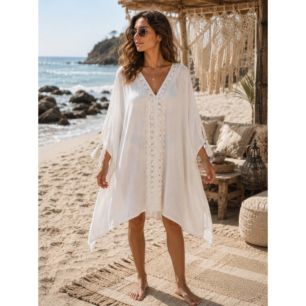 Z&L Europe Crochet Lace Kaftan M/L White Boho Tassel Sleeve Beach Swim Coverup